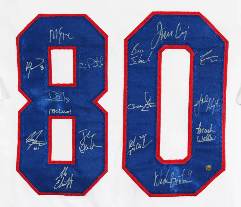 1980 USA Hockey (15) Craig, Eruzione, Broten Signed White Framed Jersey Steiner - Image 2