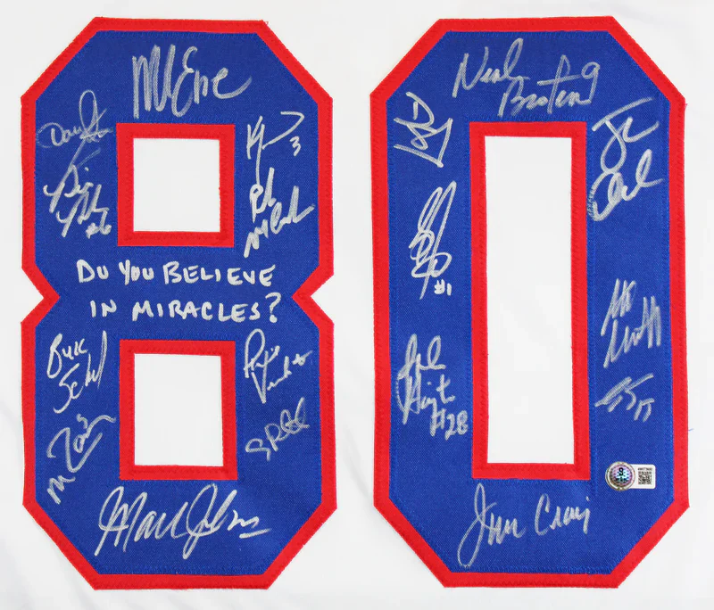 1980 USA Hockey 18 Autos Craig, Eruzione, Broten Signed White Framed Jersey BAS - Image 2