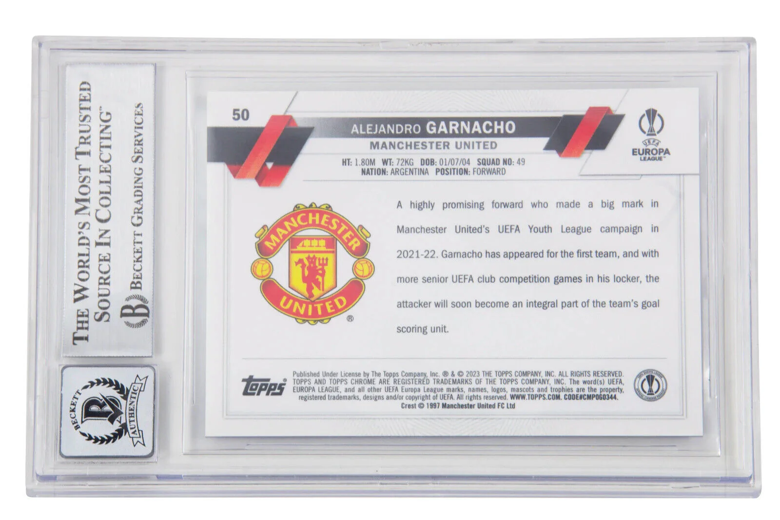 Alejandro Garnacho Signed 2022-23 Topps Chrome UCC Sapphire Rookie Card – BGS 10 - Image 2