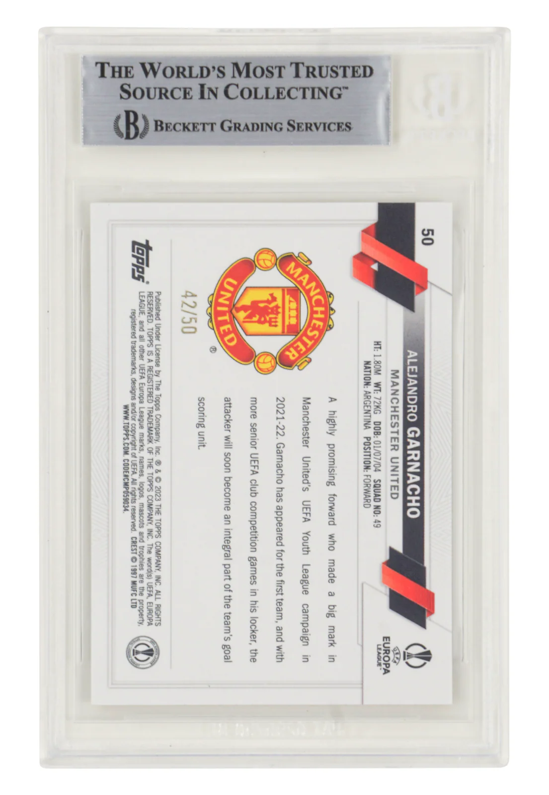 Alejandro Garnacho Signed 2022-23 Topps UCC Gold /50 Rookie - BGS Authentic - Image 2