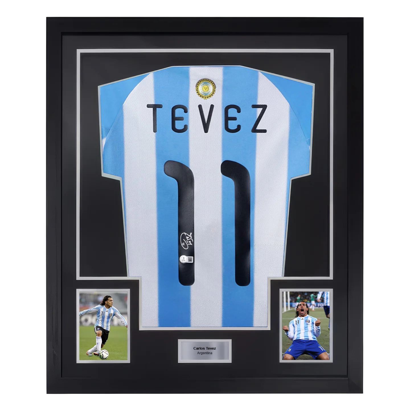 Framed Carlos Tevez Signed Argentina Home Soccer Jersey #11 with Beckett Witness