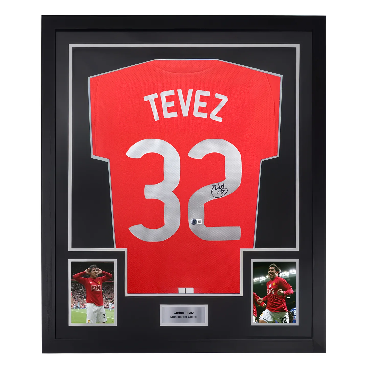 Framed Carlos Tevez Signed Manchester Utd 08 UCL Final Jersey #32 with Beckett Witness