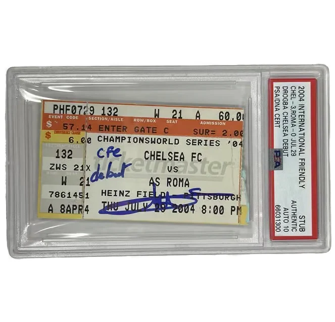 Didier Drogba Signed 2004 Chelsea Debut Ticket Inscribed CFC Debut – PSA 10 Auto