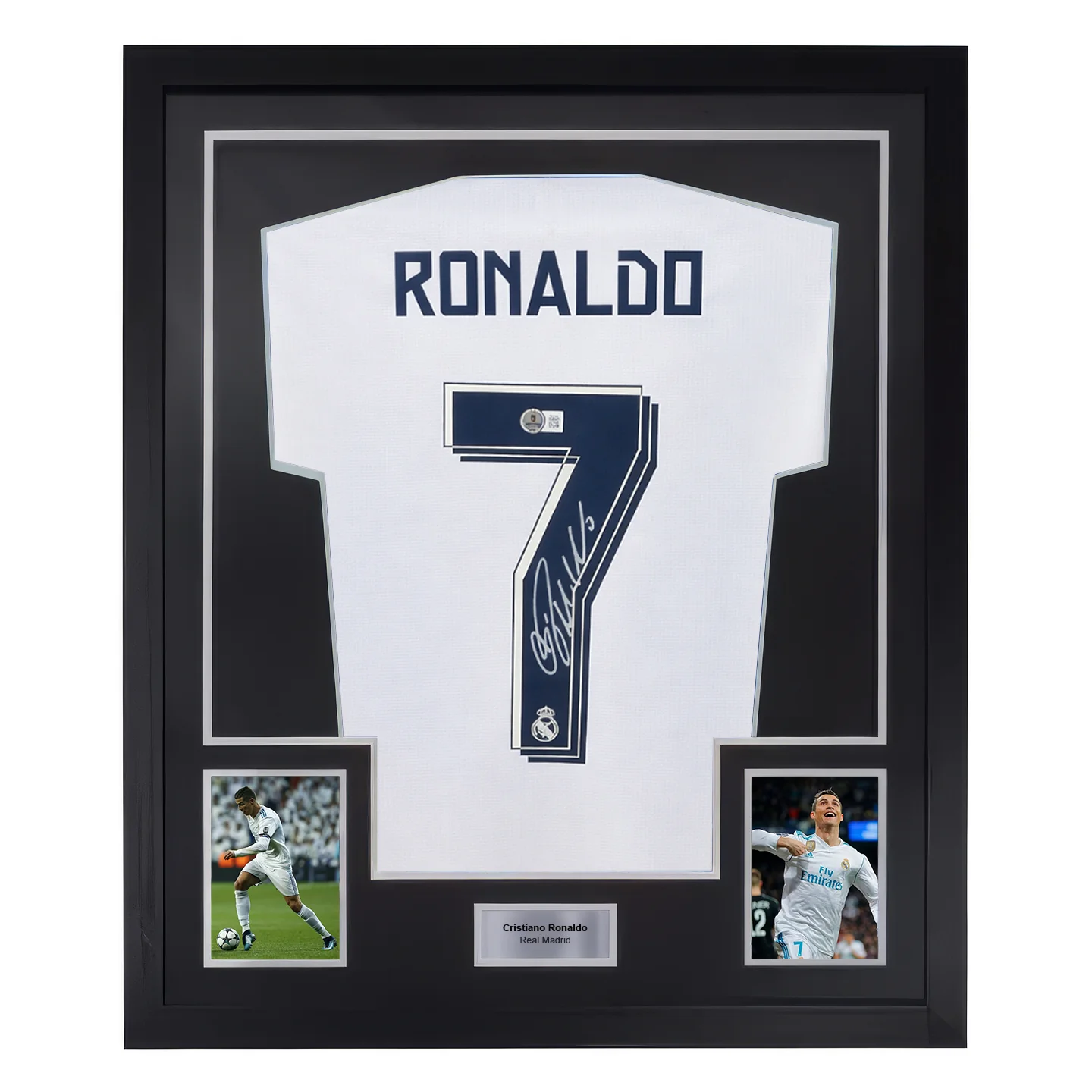Framed Cristiano Ronaldo Signed Real Madrid Home Soccer Jersey #7 with Beckett COA