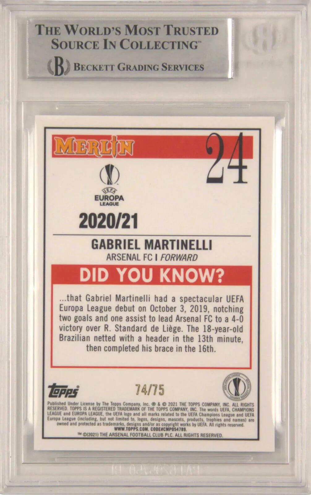 Gabriel Martinelli Signed 2020-21 Topps Merlin Chrome Rookie /75 – BGS Authentic - Image 2