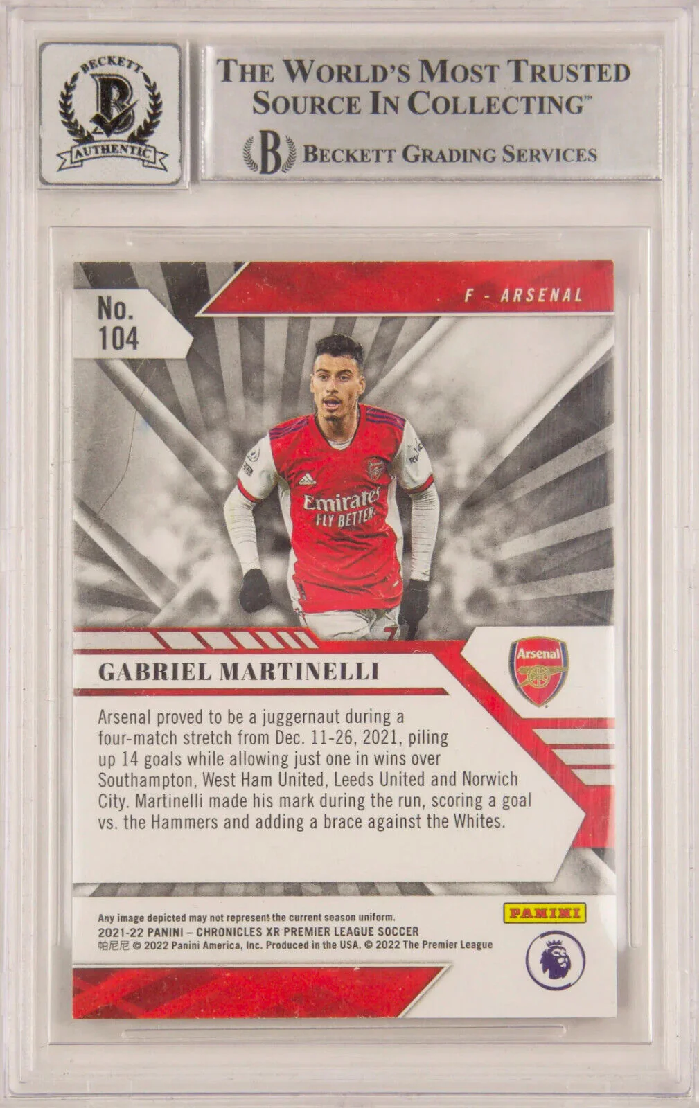 Gabriel Martinelli Signed 2021-22 Panini Chronicles Rookie – BGS 10 Autograph - Image 2
