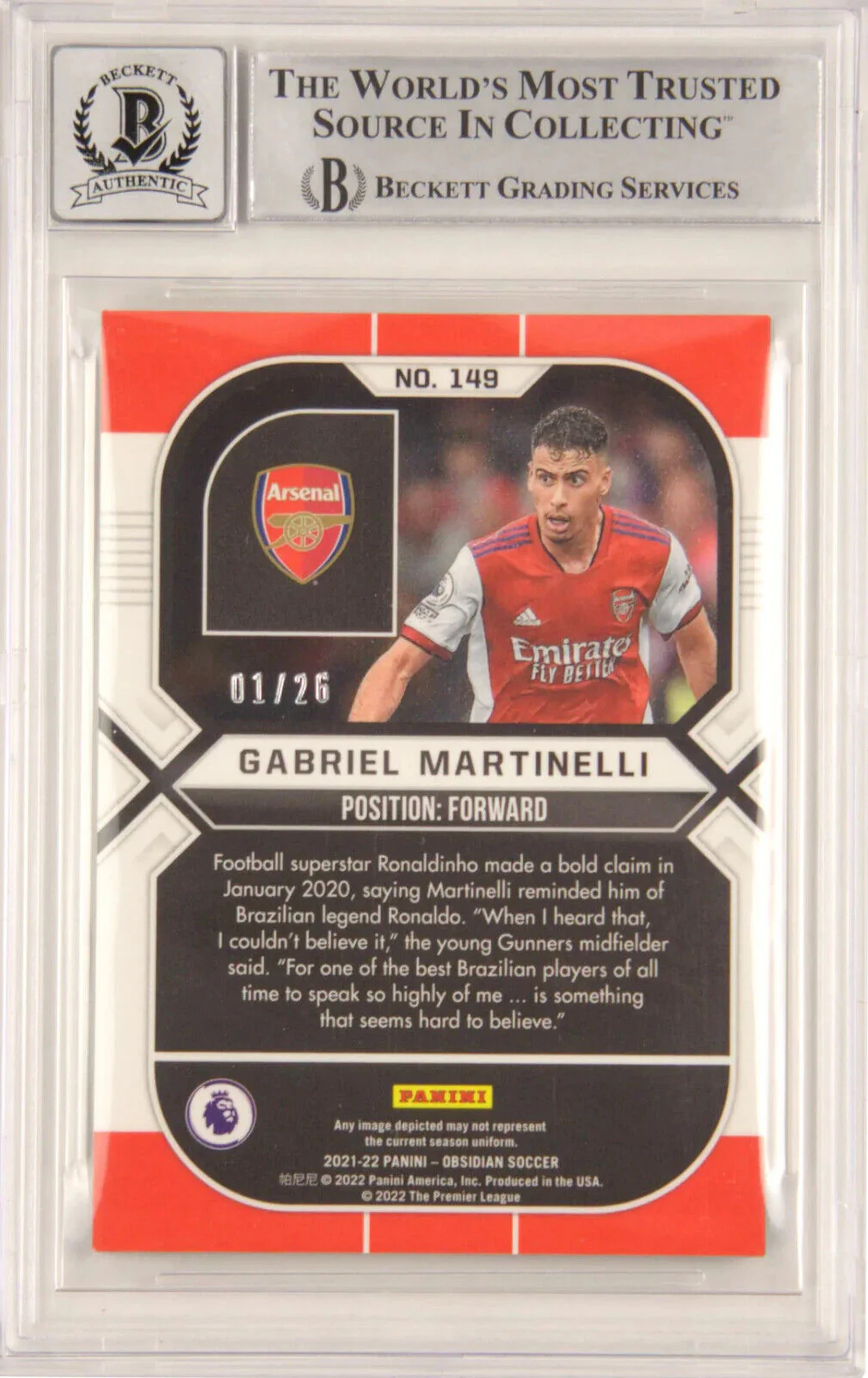 Gabriel Martinelli Signed 2021-22 Panini Obsidian Rookie /26 – BGS 9 Autograph - Image 2