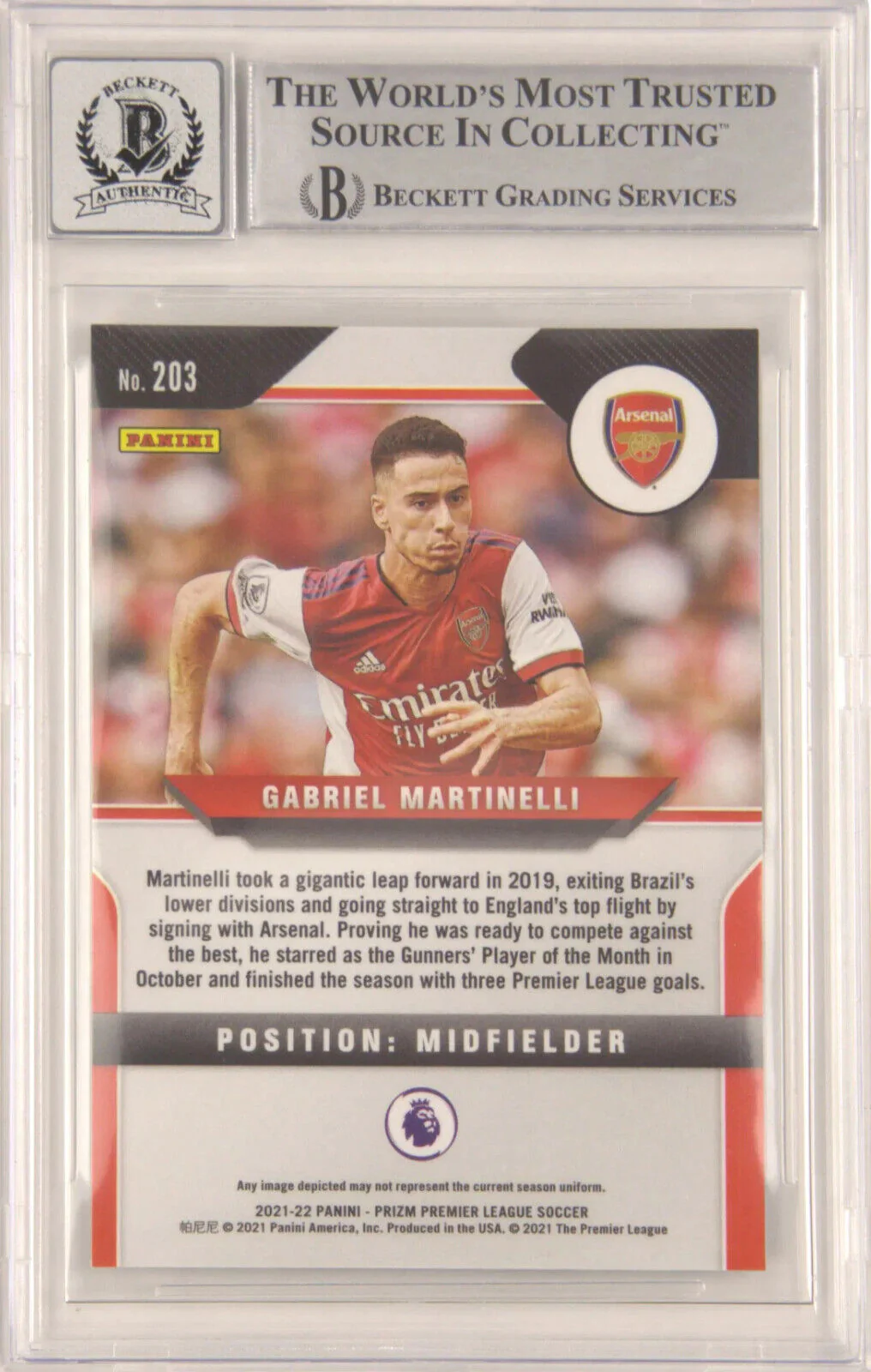 Gabriel Martinelli Signed 2021-22 Panini Prizm EPL Rookie – BGS 10 Autograph - Image 2