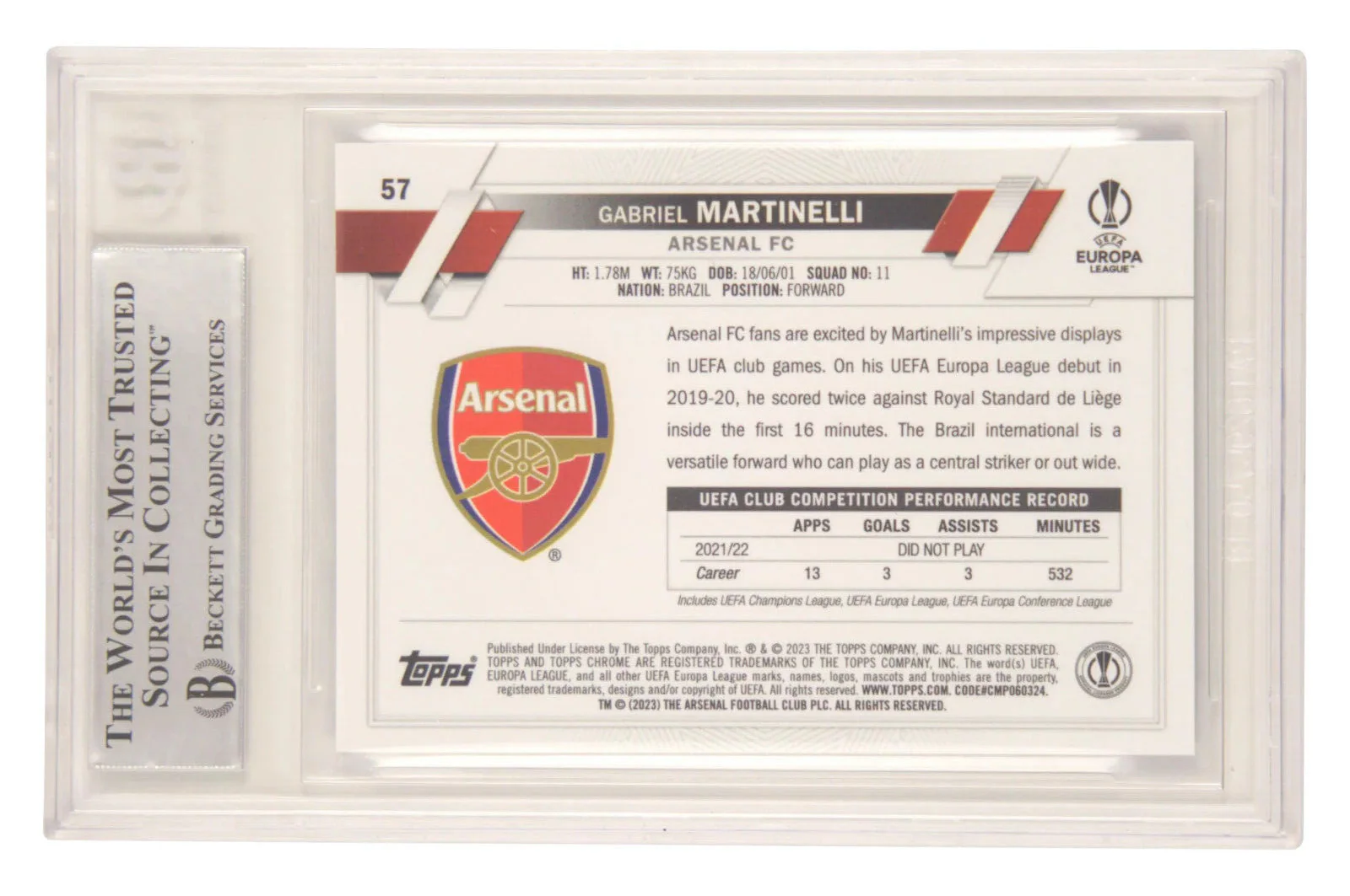 Gabriel Martinelli Signed 2022-23 Topps Chrome Sapphire #57 – BGS Authentic - Image 2
