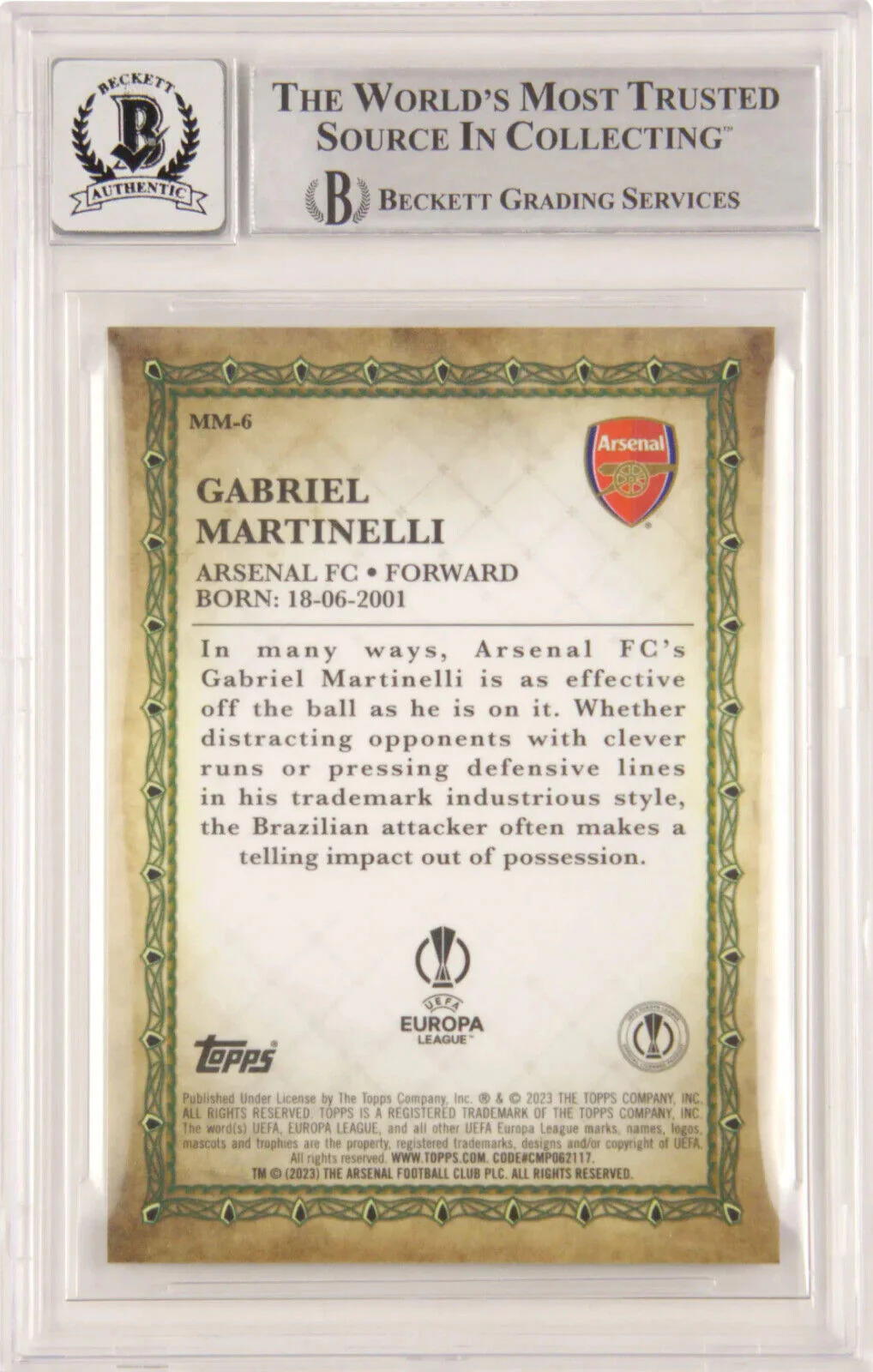 Gabriel Martinelli Signed 2022 Topps Merlin Masters Gold /50 – BGS 10 Autograph - Image 2