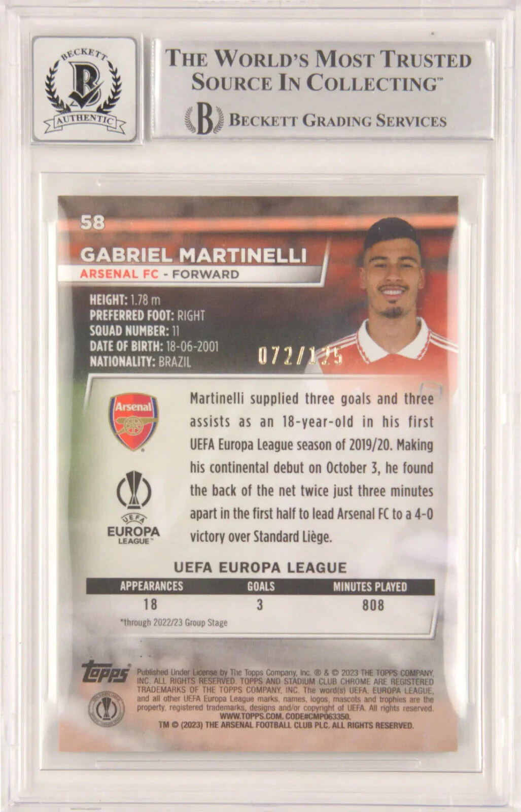Gabriel Martinelli Signed 2022 Topps Stadium Club Chrome /125 – BGS 9 Autograph - Image 2