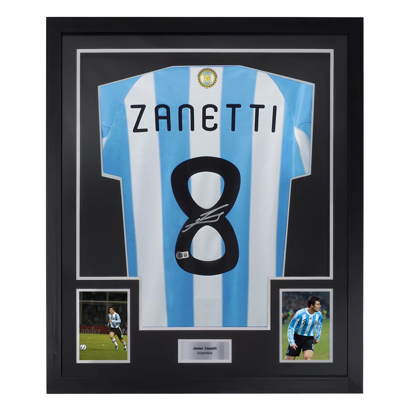 Framed Javier Zanetti Signed Argentina FC Home Soccer Jersey #8 with Beckett COA