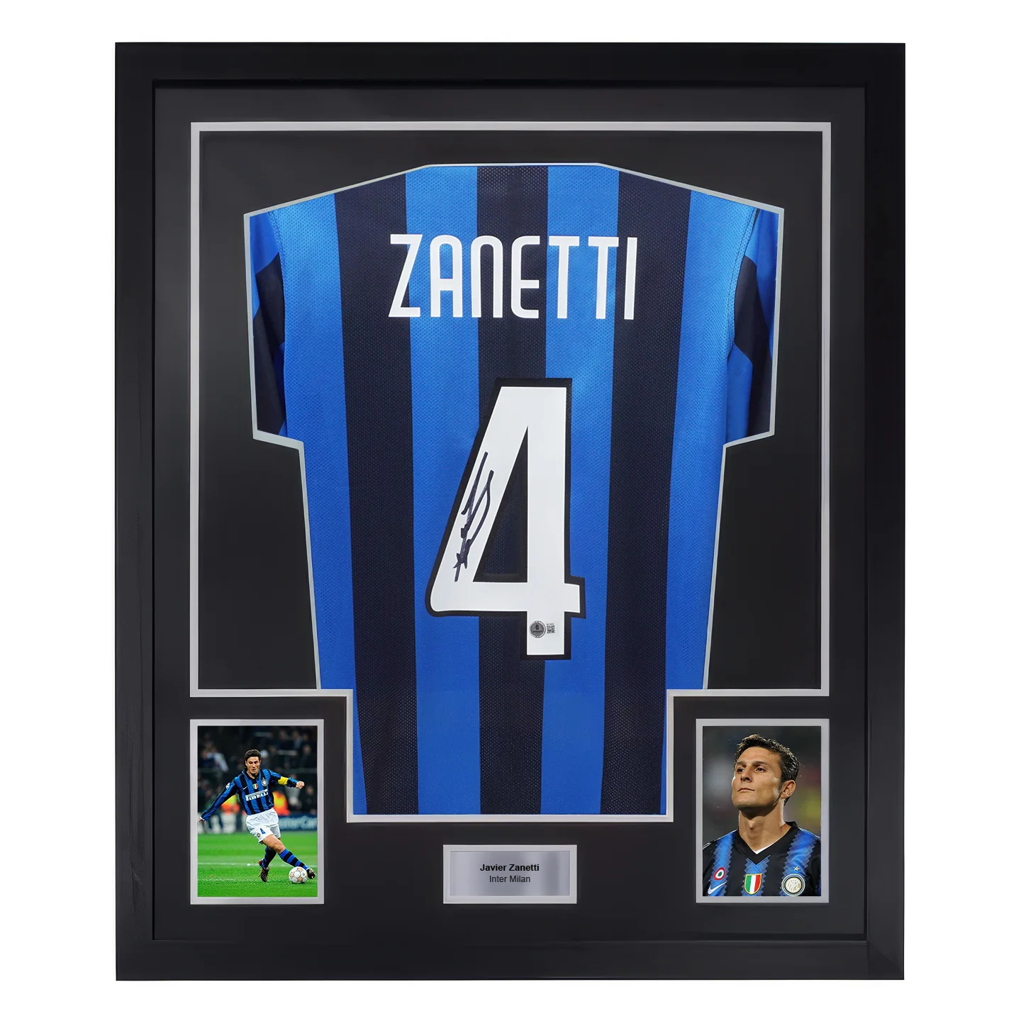 Framed Javier Zanetti Signed Inter Milan Home Soccer Jersey #4 with Beckett COA
