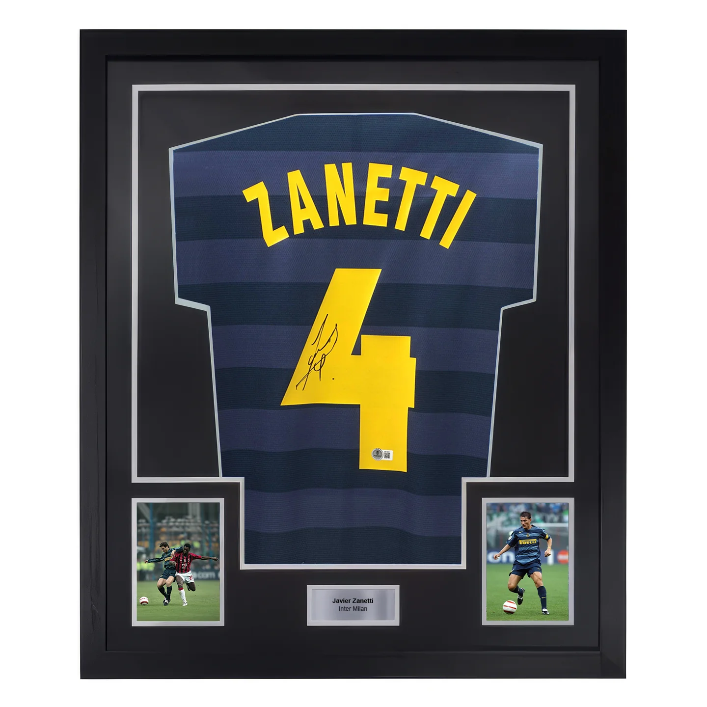Framed Javier Zanetti Signed Inter Milan Soccer Jersey #4 with Beckett COA