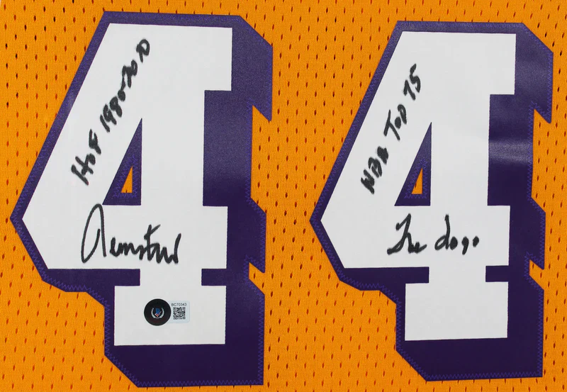 Lakers Jerry West "3x Insc" Signed Yellow M&N HWC Swingman Framed Jersey BAS - Image 2