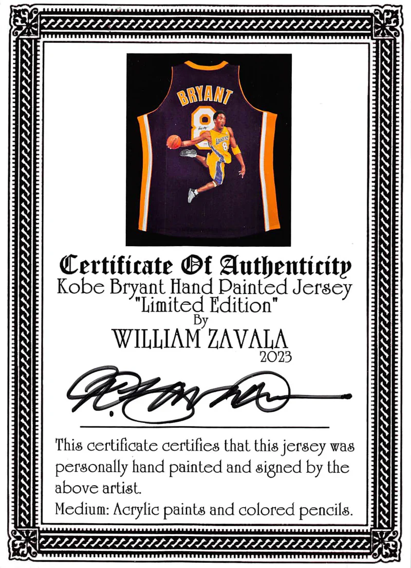Lakers Kobe Bryant Signed William Zavala Hand Painted M&N Framed Jersey PSA - Image 4