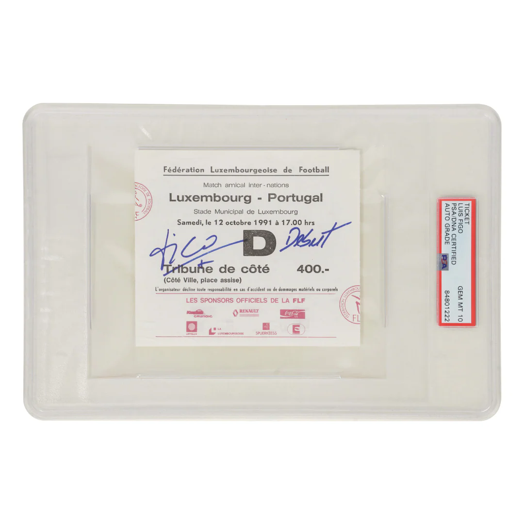 Luis Figo Signed 1991 Portugal Pro Debut Match Ticket Inscribed – PSA 10 Auto