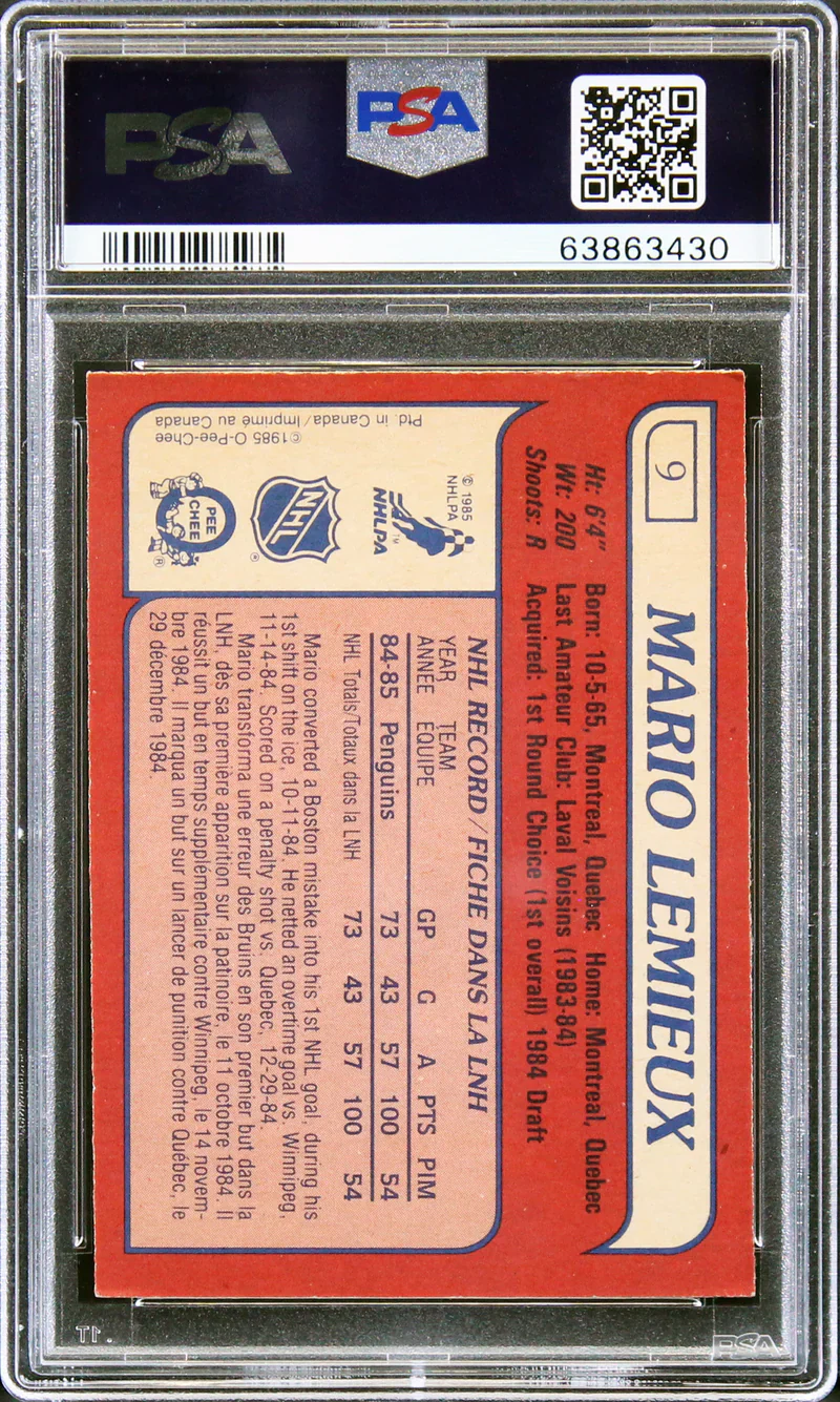 Mario Lemieux Signed 1985 O-Pee-Chee #9 RC Card Graded 6 Auto Grade 8 PSA - Image 2