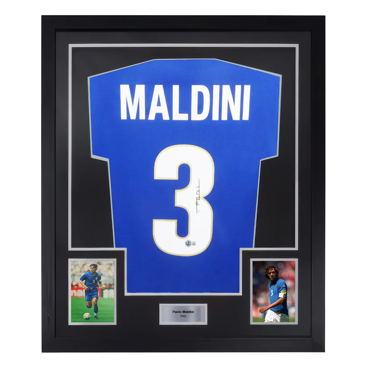 Framed Paolo Maldini Signed Italy Home Soccer Jersey #3 with Beckett COA