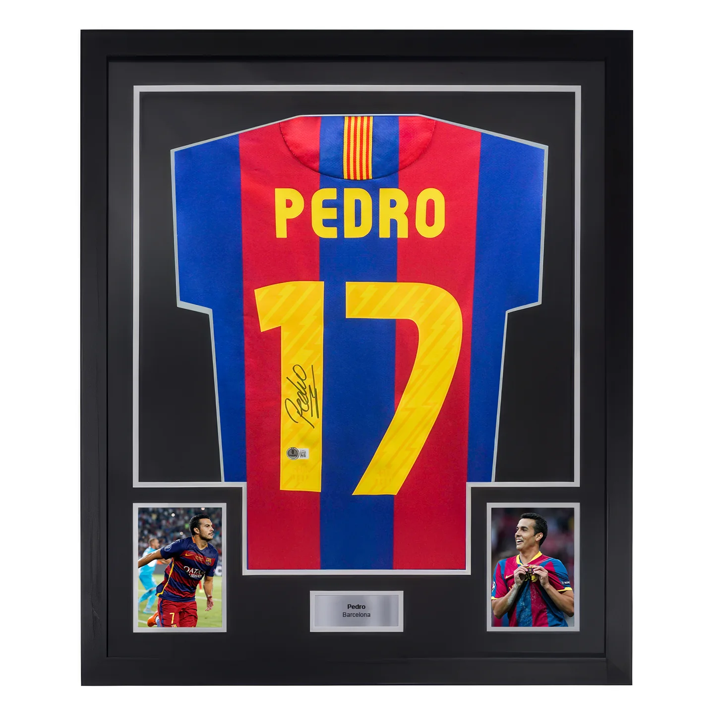 Framed Pedro Signed FC Barcelona Home Soccer Jersey #17 with Beckett COA