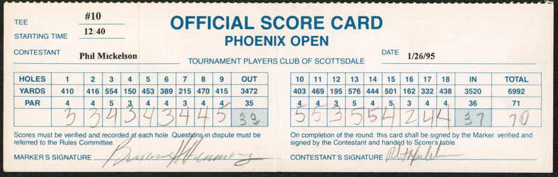 Phil Mickelson & Brian Henninger Signed 1995 Phoenix Open Scorecard BAS