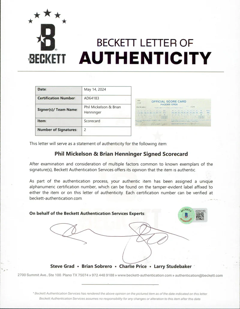 Phil Mickelson & Brian Henninger Signed 1995 Phoenix Open Scorecard BAS - Image 2