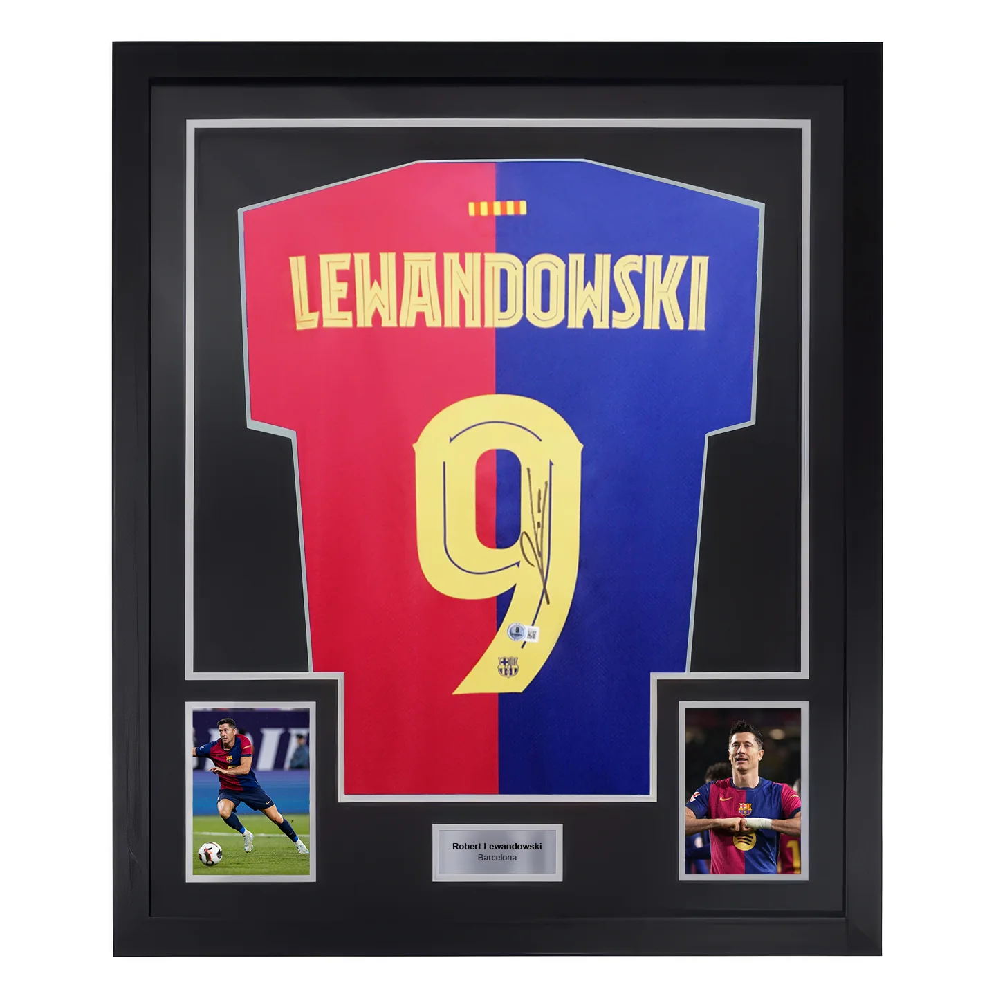 Framed Robert Lewandowski Signed Barcelona Home Soccer Jersey #9 with Beckett COA
