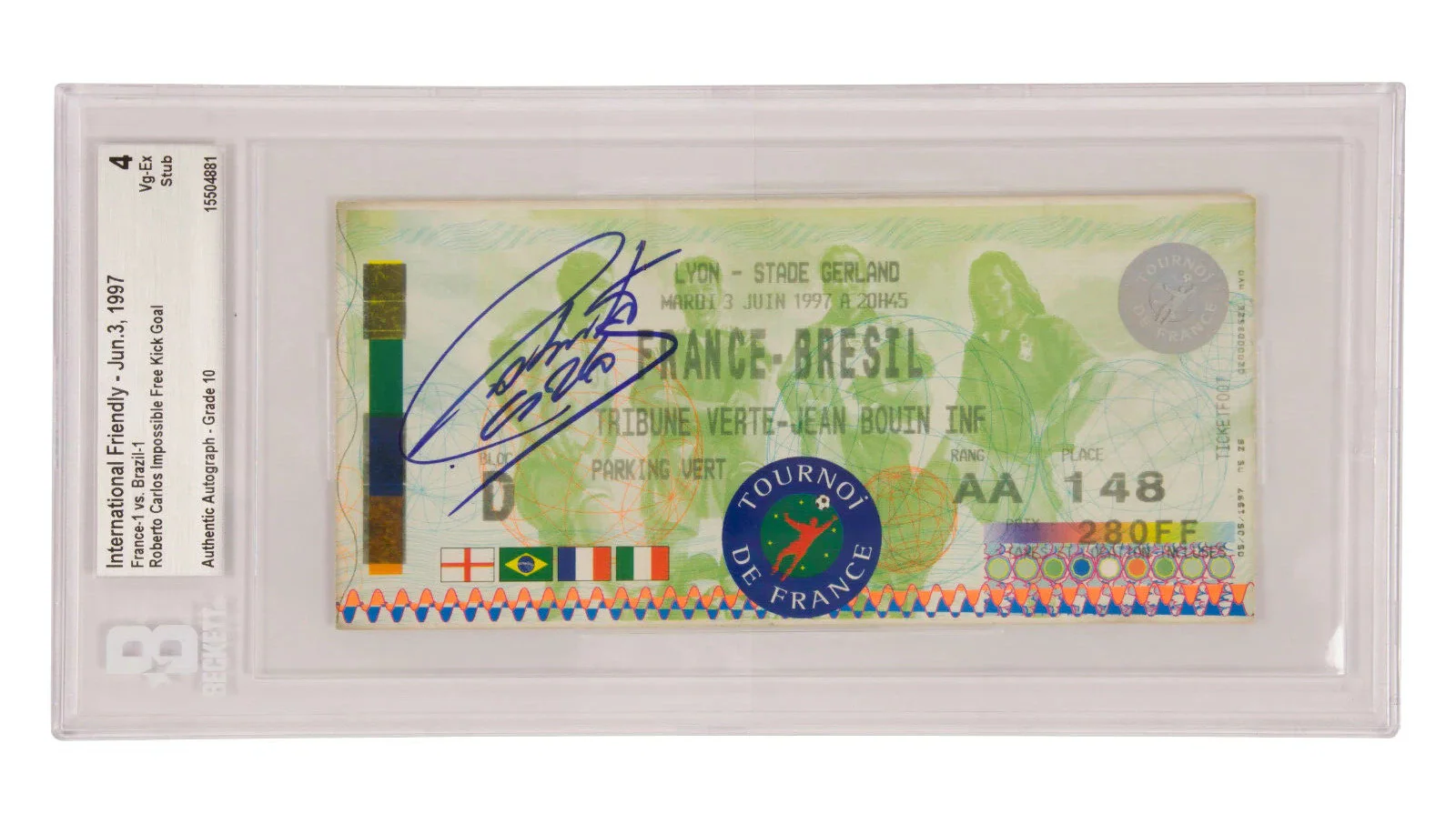 Roberto Carlos Signed 1997 The Impossible Free Kick Goal Match Ticket – BGS 4