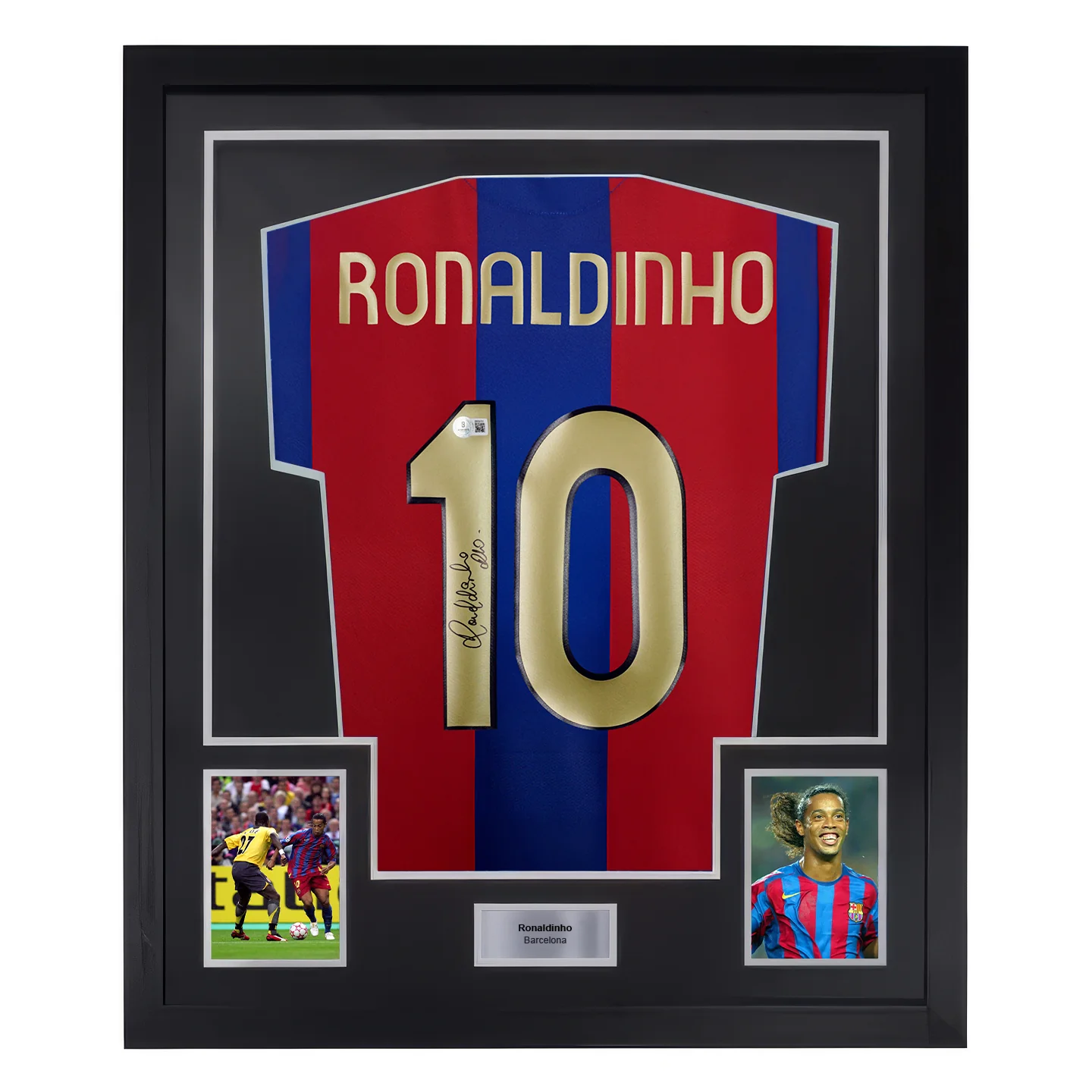 Framed Ronaldinho Signed Barcelona Home Soccer Jersey #10 with Beckett COA