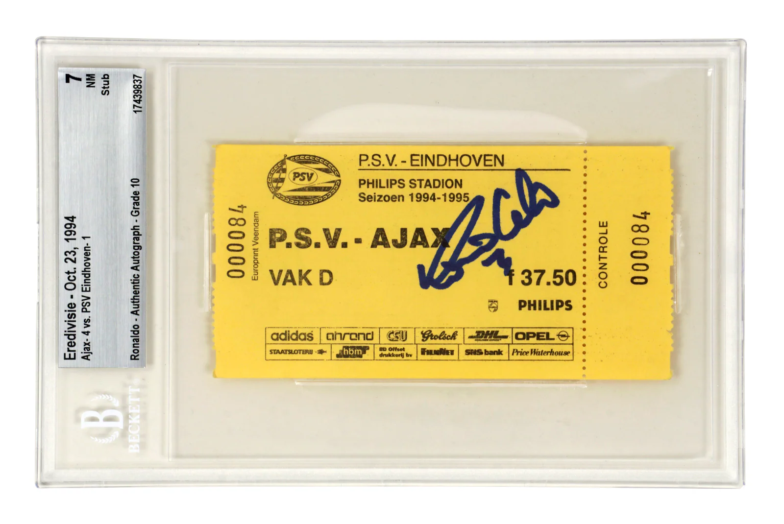 Ronaldo Nazario Signed 1994 PSV Rookie Season Match Ticket – BGS 7