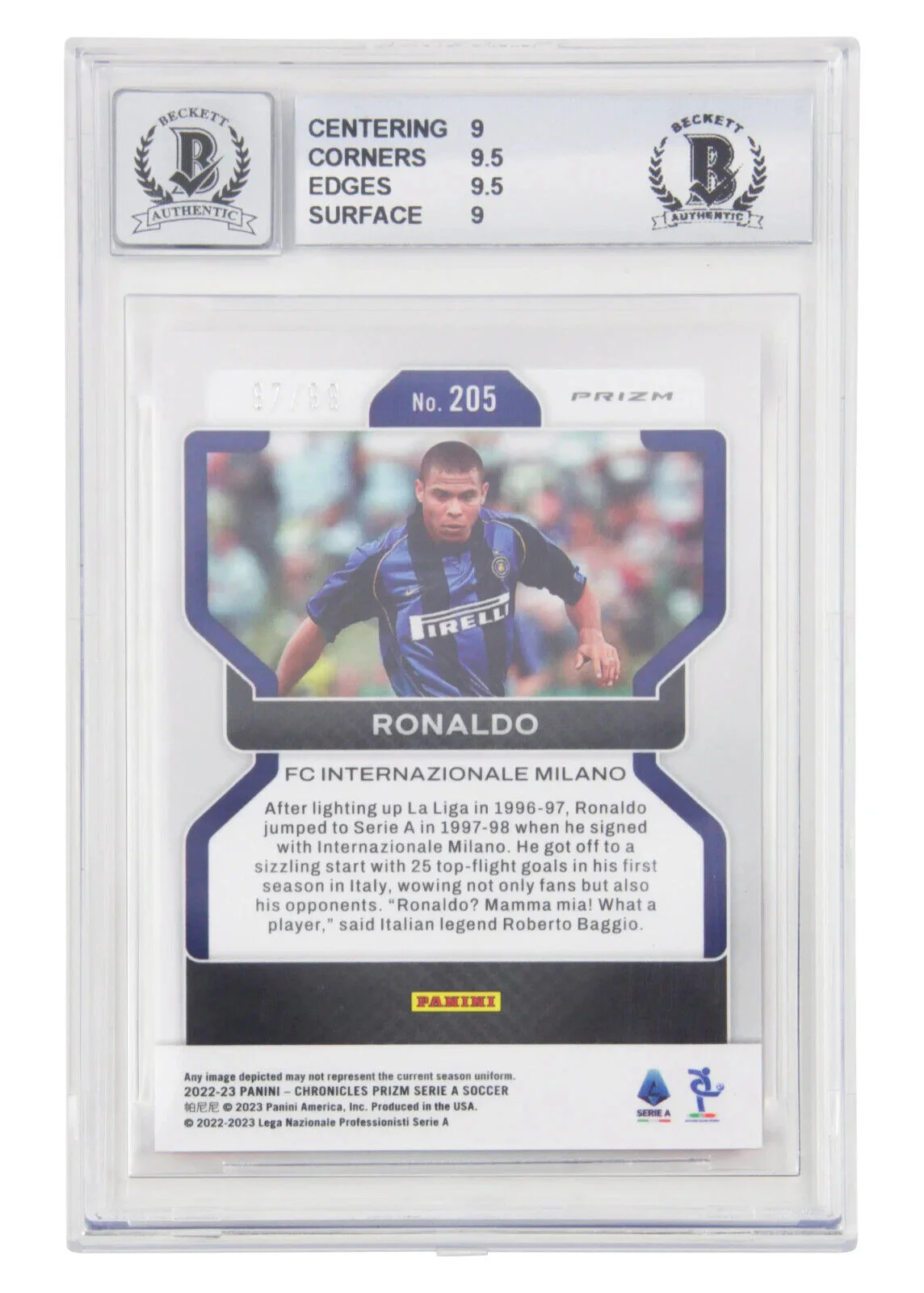 Ronaldo Nazario Signed 2022-23 Panini Prizm Serie A Red Prizm /99 – BGS 9 Auto 9 - Image 2