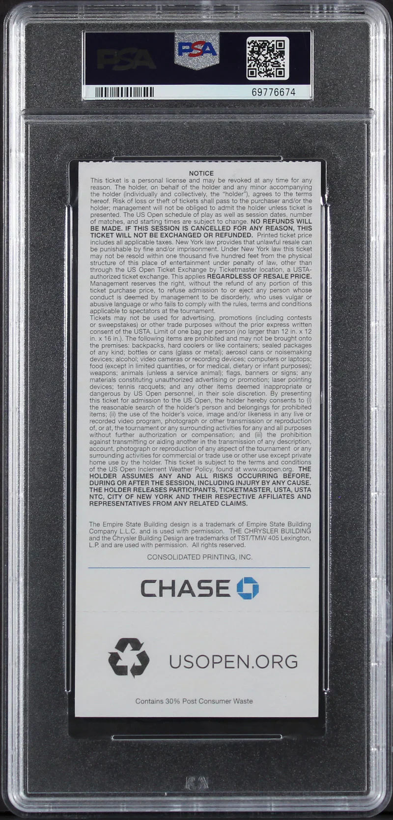 Serena Williams Authentic Signed 2014 U.S. Open Ticket Stub PSA/DNA - Image 2