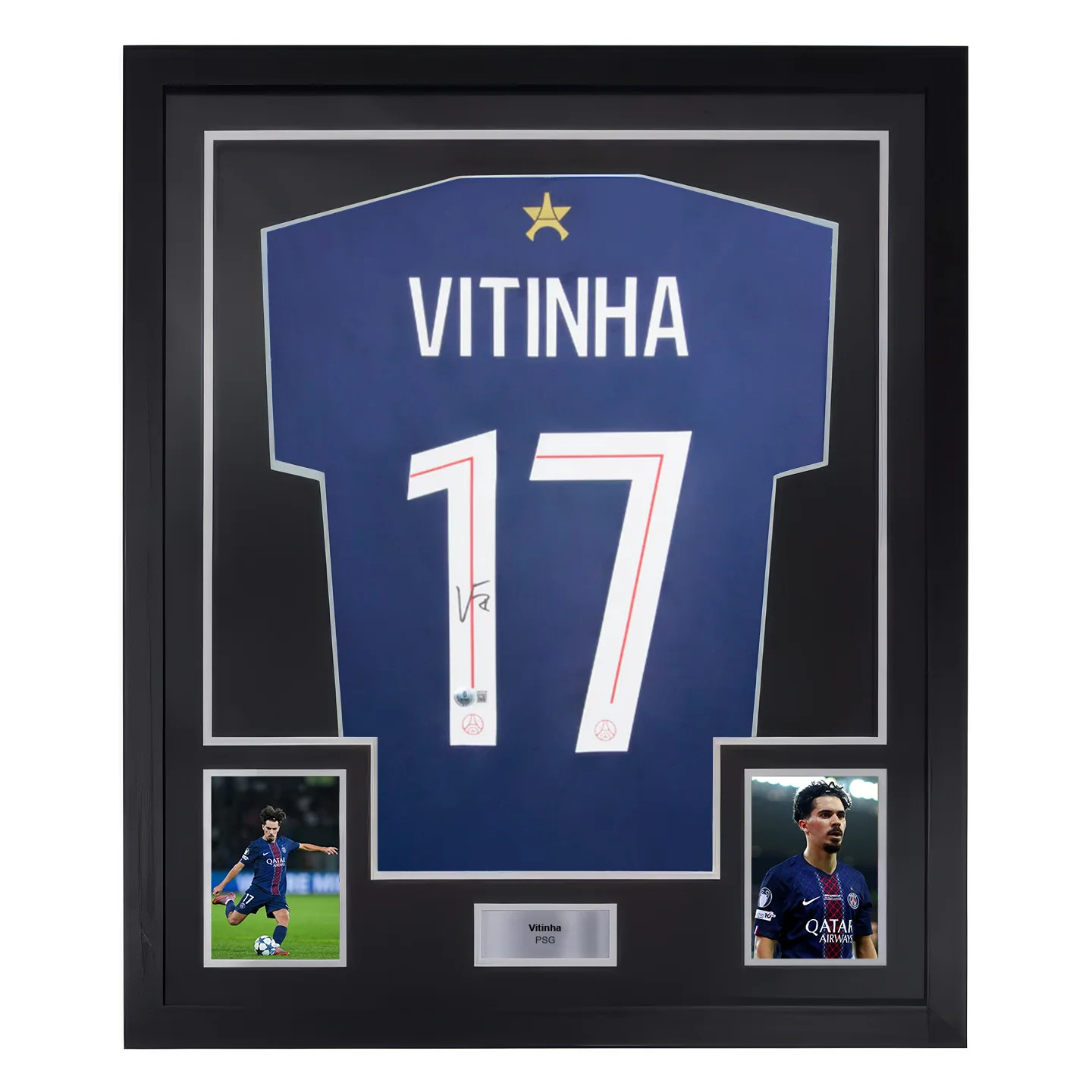Framed Vitinha Signed PSG Home Soccer Jersey #17 with Beckett Witness